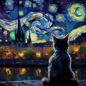 Sternenklare Nacht Katze Kunstdruck - Van Gogh inspirierte Wanddekoration, einzigartige Tierkunst, lebendiger wirbelnder Himmel - perfektes Geschenk für Katzenliebhaber