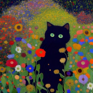 Gustav Klimt Garden Style Cat Print - Klimt Flowers Cat Poster - Grappige Zwarte Kat Kunst - Bloemenprint - Grappige Kat Cadeau - Home Decor Poster