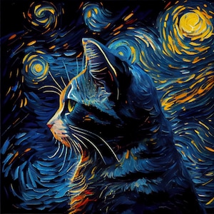 Sternenklare Nacht Katze Kunstdruck - Van Gogh inspirierte Wanddekoration, einzigartige Tierkunst, lebendiger wirbelnder Himmel - perfektes Geschenk für Katzenliebhaber