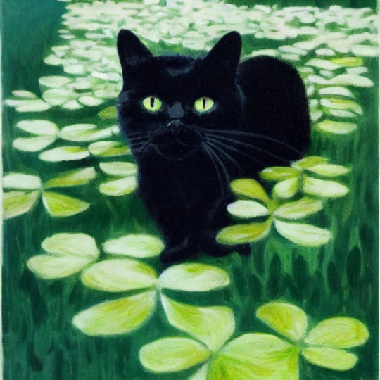 Four-Leaf Clover Field, Good Luck Black Cat: Unique Art Print