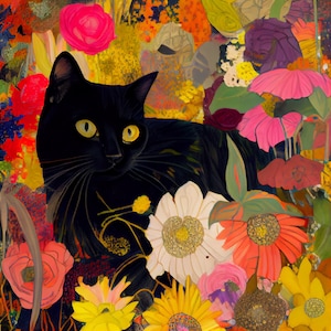Gustav Klimt tuinstijl kat print - Klimt bloemen kat poster - grappige zwarte kat kunst - bloemenprint - grappige kat cadeau - woondecoratie poster