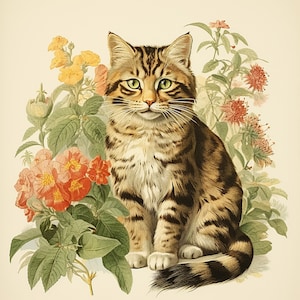 Vintage Botanical Style Art Print of a Majestic Tabby Cat in Lush Flowers: A Perfect Gift for Cat Lovers and Home Decor