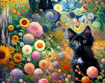 クリムトのリンゴの木の猫のプリント、クリムトの花の猫のポスター、黒