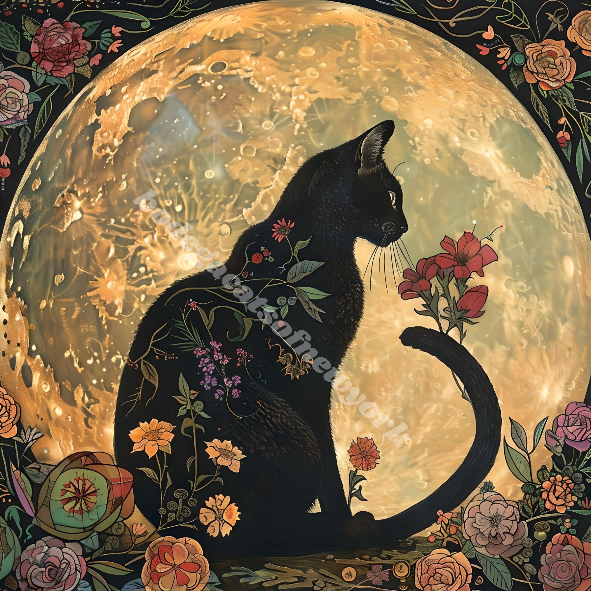 黒猫アールヌーボー版画：花の月ステンドグラス（デジタルダウンロード