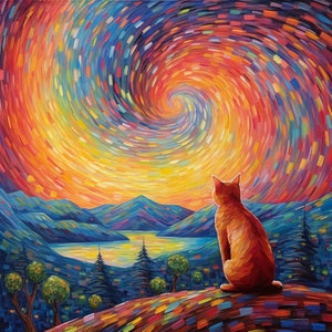 Abstrakte Katzenträume: Regenbogen Katze Kunstdruck Inspiriert von Van Goghs Sternennacht