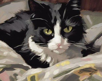 Adorable Tuxedo Cat Snuggled in Van Gogh-Inspired Bed Sheets Art Print - Cozy Feline Bedroom Wall Decor
