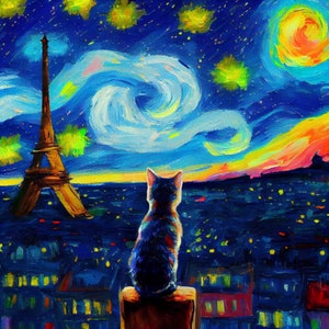 Sternenklare Nacht Katze Kunstdruck - Van Gogh inspirierte Wanddekoration, einzigartige Tierkunst, lebendiger wirbelnder Himmel - perfektes Geschenk für Katzenliebhaber