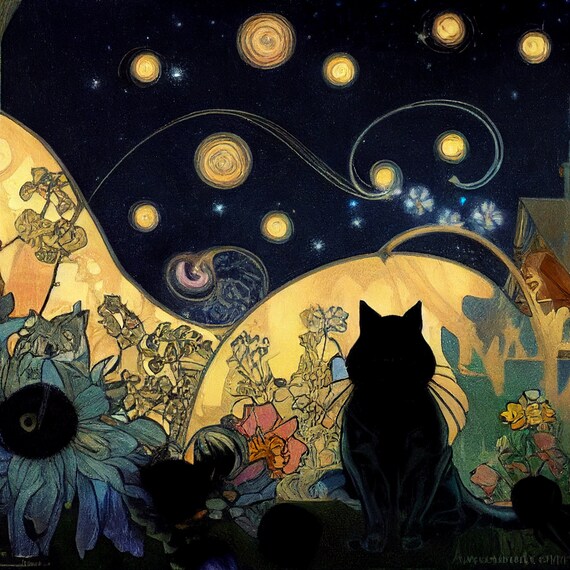 Starry Night Cat Art Print - Van Gogh Inspired Wall Decor, Unique Animal Art, Vibrant Swirling Sky - Perfect Gift for Cat Lovers