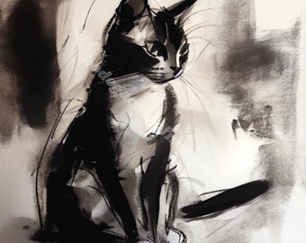 Houtskool kat portret - minimalistische muurkunst voor kattenliefhebbers - schets illustratie cadeau | Muurkunstafdruk, cadeau-idee kattenliefhebber