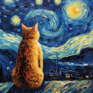Oranje Tabby Cat: Sterrennacht Geïnspireerd Cat Art Print Geïnspireerd door Van Gogh, Cadeau voor kattenliefhebbers, Cat Art