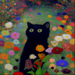 Gustav Klimt Garden Style Cat Print - Klimt Flowers Cat Poster - Grappige Zwarte Kat Kunst - Bloemenprint - Grappige Kat Cadeau - Home Decor Poster