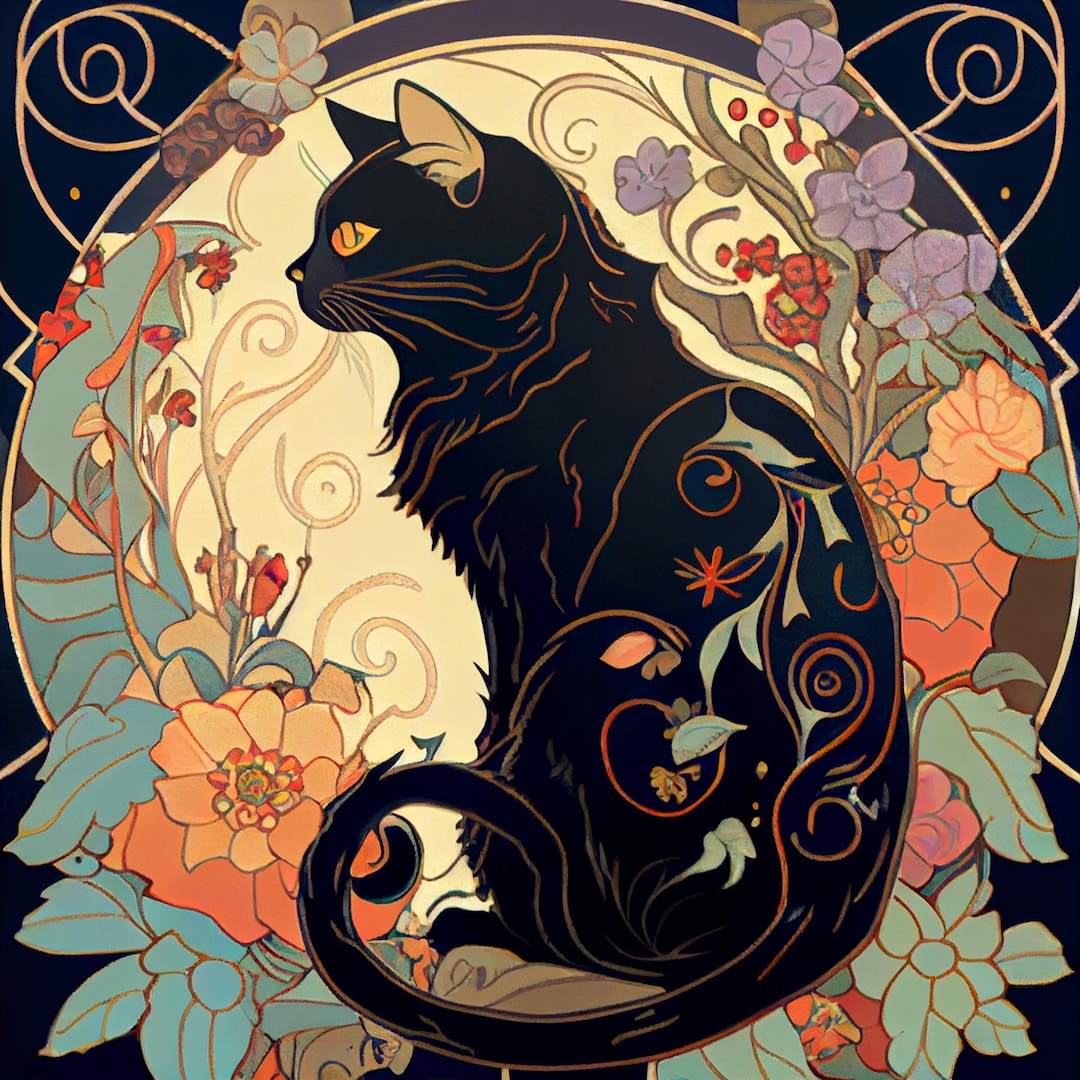 Divine Black Cat With Rose and Sunbeam Art Nouveau Floral Etsy