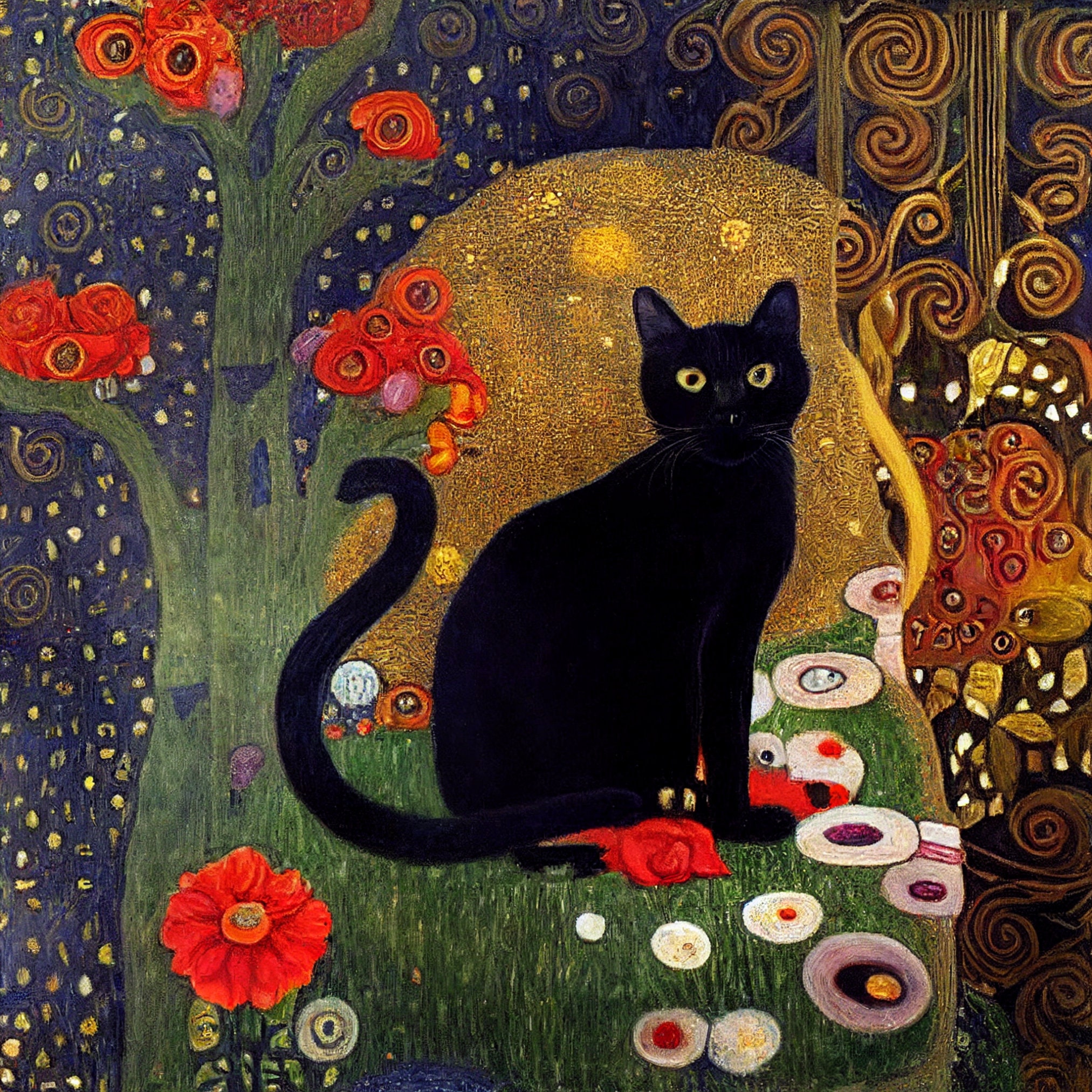 Gustav Klimt Garden Style Cat Print Klimt Flowers Cat Poster Funny