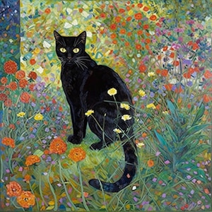 Gustav Klimt Garden Style Cat Print - Klimt Flowers Cat Poster - Grappige Zwarte Kat Kunst - Bloemenprint - Grappige Kat Cadeau - Home Decor Poster