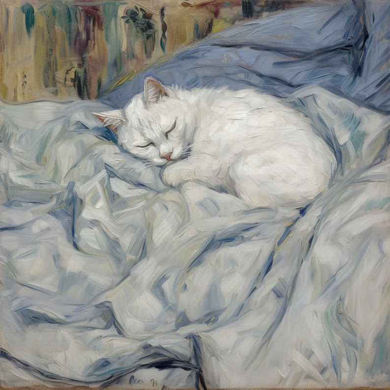 Adorable chat blanc blotti dans des draps inspirés de Van Gogh Art Print Décoration murale de chambre féline confortable image 1
