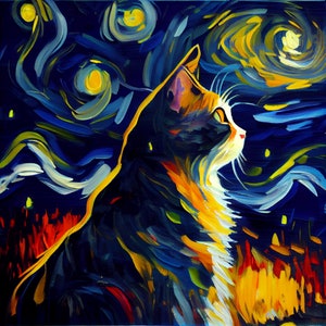 Sternenklare Nacht Katze Kunstdruck - Van Gogh inspirierte Wanddekoration, einzigartige Tierkunst, lebendiger wirbelnder Himmel - perfektes Geschenk für Katzenliebhaber
