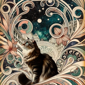 Tabby Cat Dream: Vintage Art Nouveau Collage, Starry Night & Retro Feline Wall Art Print