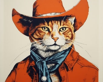 Oranje-witte minimalistische kat cowboy lithografie kunstafdruk - grillige katachtige westelijke muurdecoratie