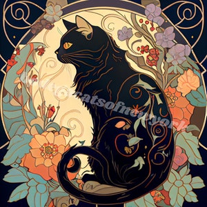 Divine Black Cat with Rose and Sunbeam: Art Nouveau Floral Wall Art Print | Animal Wall Decor, Animal Art Print, Cat Lovers Gift