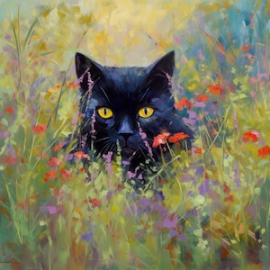 Claude Monet Inspired Cat Print - Black Cat Amidst Vibrant Wildflowers - Whimsical Floral Art Poster - Humorous Home Decor Gift