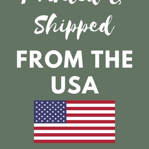 May include: Printed and shipped from the USA, a white text graphic on a green background with an American flag.