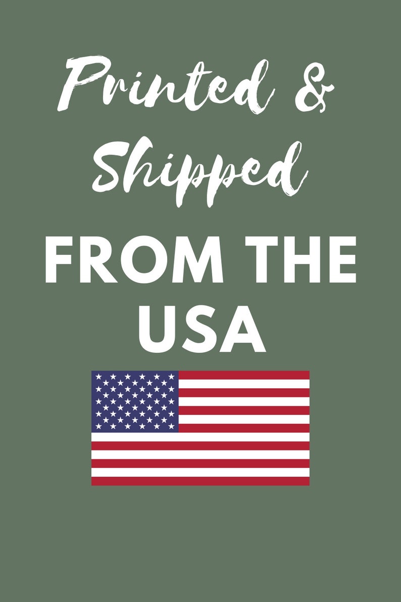 May include: Printed and shipped from the USA, a white text graphic on a green background with an American flag.