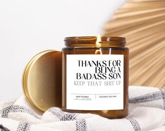 Son candle, son gift, Thanks for being a badass son, son candles, funny son gift,Candle Amber Jar 9oz