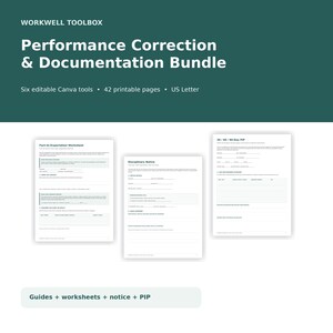 Puede incluir: Un paquete de documentos digitales titulado Workwell Toolbox Performance Correction & Documentation Bundle, que incluye seis herramientas Canva editables y 42 páginas imprimibles en tamaño US Letter, con una hoja de trabajo Fact-to-Expectation, Disciplinary Notice y un PIP de 30/60/90 días.