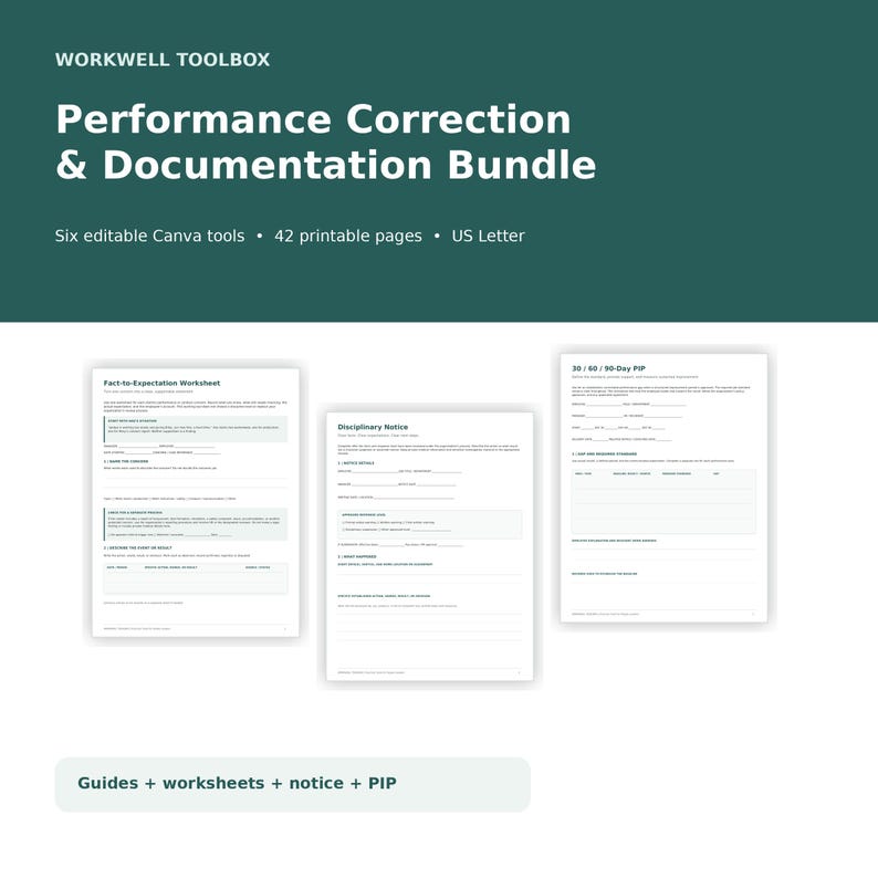 May include: A digital document bundle titled Workwell Toolbox Performance Correction & Documentation Bundle, featuring six editable Canva tools and 42 printable pages in US Letter size, including a Fact-to-Expectation Worksheet, Disciplinary Notice, and 30/60/90-Day PIP.