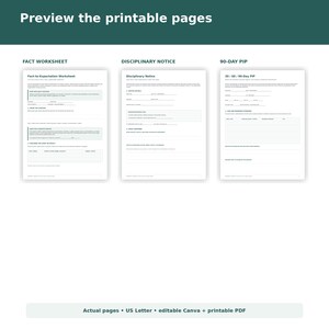 May include: Three white printable documents titled Fact Worksheet, Disciplinary Notice, and 90-Day PIP. Each page features black text, structured sections, and blank lines for written entries, presented on a dark green background with text labels.