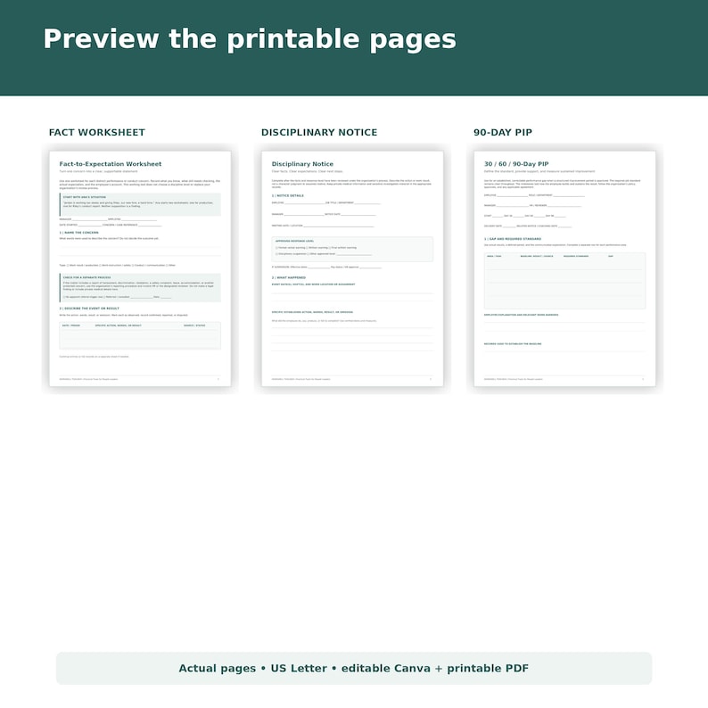 May include: Three white printable documents titled Fact Worksheet, Disciplinary Notice, and 90-Day PIP. Each page features black text, structured sections, and blank lines for written entries, presented on a dark green background with text labels.