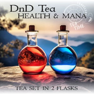 May include: Two glass flasks with cork stoppers, one filled with red liquid and the other with blue liquid. The flasks are sitting on a rock with a mountain range in the background. The text "DnD Tea HEALTH & MANA" is at the top of the image, and the text "TEA SET IN 2 FLASKS" is at the bottom.