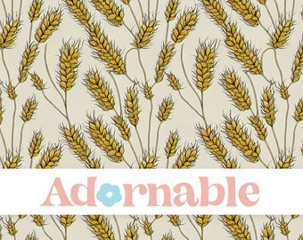 Könnte beinhalten: Ein nahtloses Muster mit einem sich wiederholenden Design aus Weizenähren in Gelb- und Brauntönen auf cremefarbenem Hintergrund. Das Wort "Adornabe" ist in rosa Buchstaben mit einer blauen Blume in der Mitte des Wortes geschrieben.