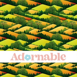 May include: A repeating pattern of green trees and yellow hills. The hills are arranged in a wave-like pattern, creating a sense of depth and perspective. The trees are scattered throughout the hills, adding a touch of green to the landscape.