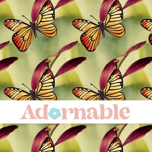 May include: A seamless pattern featuring yellow and orange butterflies with black markings on a green background. The butterflies are surrounded by purple leaves.