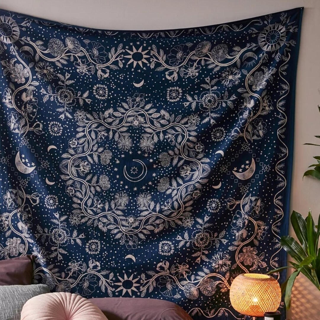 Moon Phase Tapestry, Wall Hanging, Floral Pattern Tapestry, Moonlit