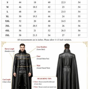 May include: A size chart for a black leather cape coat with a table listing measurements in inches from XS to 5XL. The image displays a front and back view of the coat with labels for chest, waist, shoulder, and sleeve length measurements.