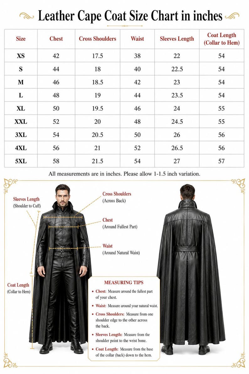 May include: A size chart for a black leather cape coat with a table listing measurements in inches from XS to 5XL. The image displays a front and back view of the coat with labels for chest, waist, shoulder, and sleeve length measurements.