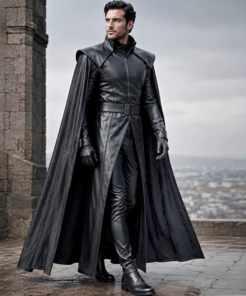 May include: A black leather long coat with a high collar, structured shoulders, and a matching belt at the waist. The coat features a full-length cape attached to the shoulders, paired with black leather gloves, slim-fit trousers, and black boots.
