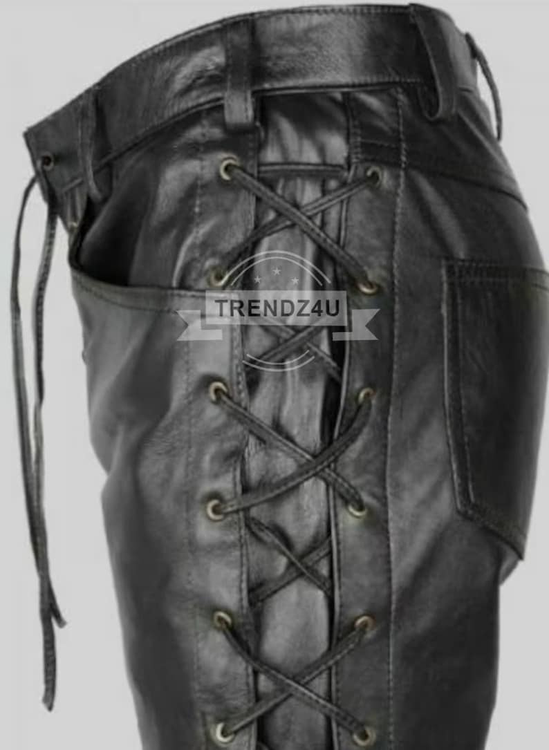 Mens Black Leather Biker Pants Side Laced Jeans Trouser - Slj-Blk