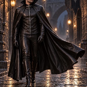 May include: A black leather outfit consisting of a high-collar jacket with a silver front zipper, matching leather trousers, and a long flowing cape. The ensemble includes black leather gloves and tall black leather boots, creating a cohesive dark look.