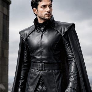 May include: A black leather jacket featuring a high collar, structured shoulders, and an integrated cape. The garment includes a matching black leather belt with a rectangular buckle at the waist and long sleeves paired with black leather gloves.