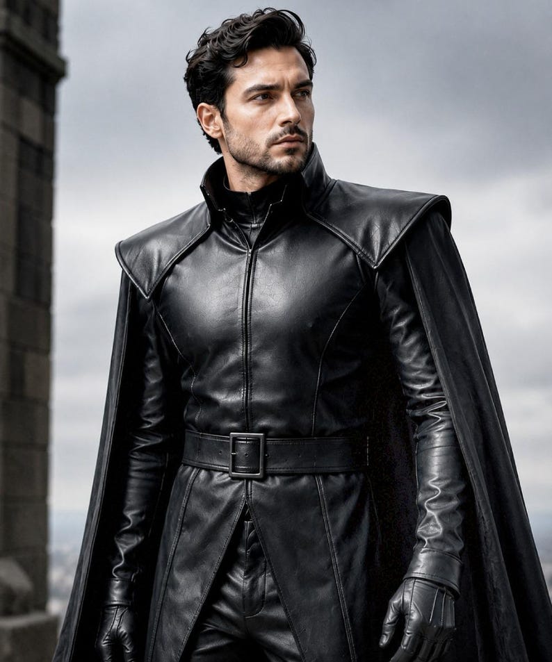 May include: A black leather jacket featuring a high collar, structured shoulders, and an integrated cape. The garment includes a matching black leather belt with a rectangular buckle at the waist and long sleeves paired with black leather gloves.