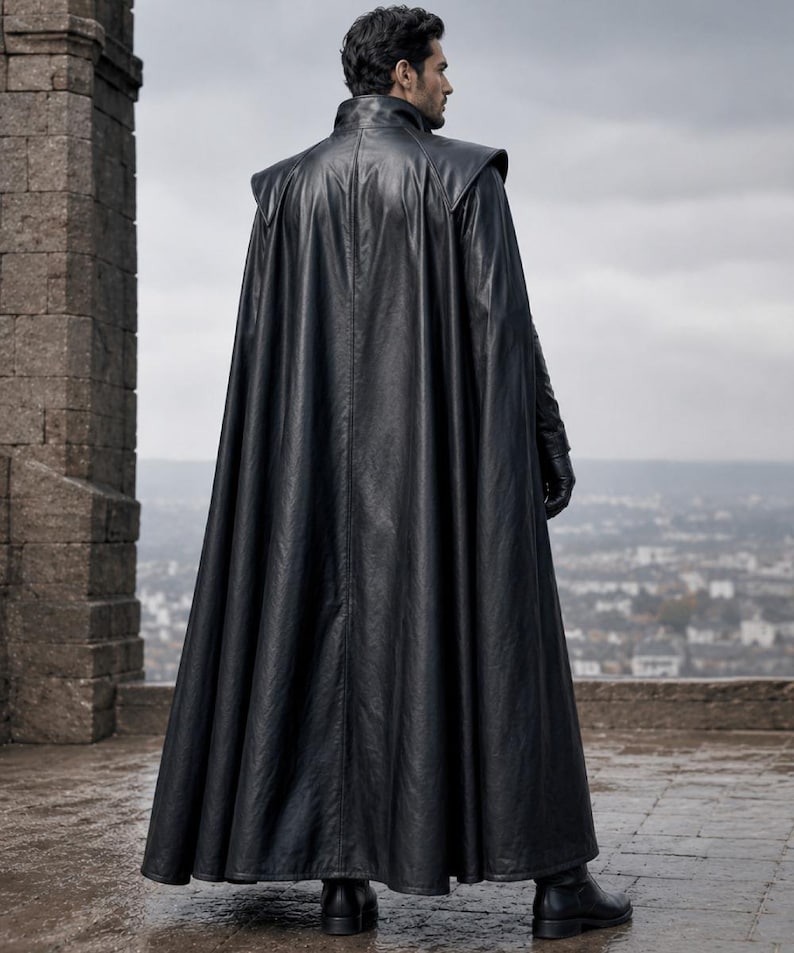 May include: A floor-length black leather cape featuring a high collar, structured shoulder panels, and a smooth finish. The garment drapes down to the ankles, creating a full silhouette with vertical seam detailing along the back and sides.