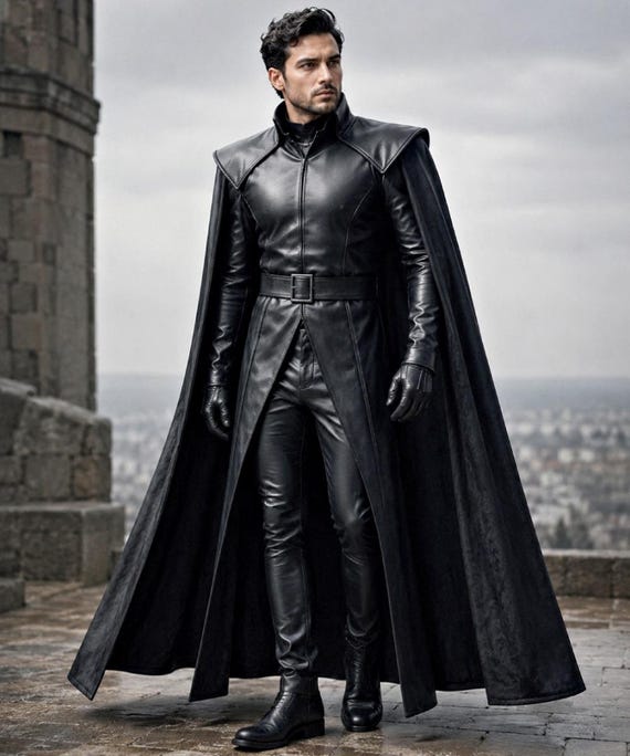 Men's Black Leather Cape Coat, Attached Full Length Cloak, High Collar, Gothic Costume