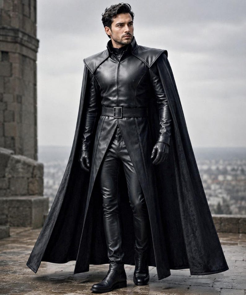 May include: A black leather ensemble consisting of a long-sleeved jacket with a high collar, a matching floor-length cape with structured shoulders, slim-fit trousers, a belt with a rectangular buckle, and black leather gloves and boots.