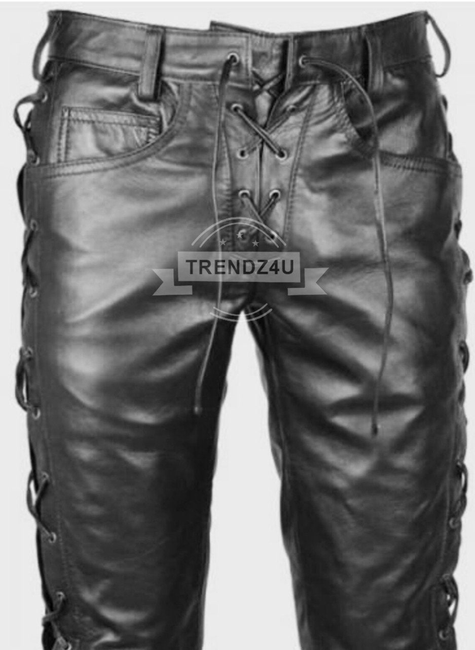 Men's Leather Pants Side Lace up Black Bikers 100% Real Leather Pant ...