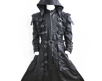 Men’s Gothic Leather Hooded Trench Coat
