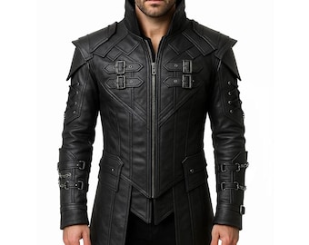 Abrigo de cuero gótico negro de largo medio para hombre, chaqueta steampunk con hebilla.