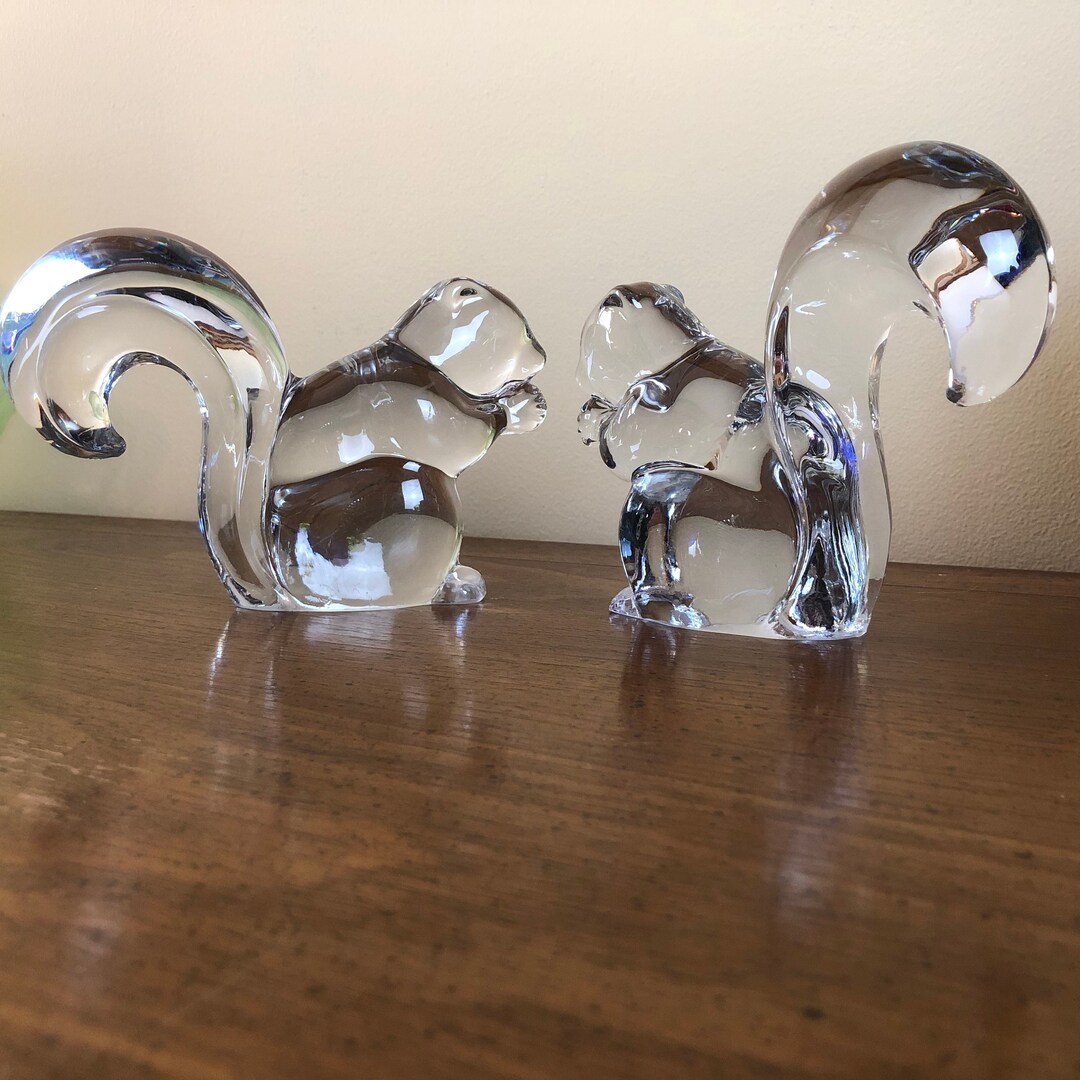 Two Vintage Martinsville Clear Crystal Viking Glass Squirrels